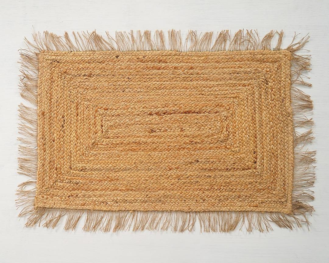 Natural Jute Area Rug, Rectangular Braided Doormat with Fringe, Handwoven Rustic Farmhouse Entryway Mat, Indoor (2X3 FEET)