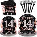 96Pcs 14th Birthday Decorations for Girls Black and Rose Gold 14th Plates and Napkins Disposable Rose Gold 14 Happy Birthday Tableware Set for Girls 14 Years Old Party Supplies, Serves 24