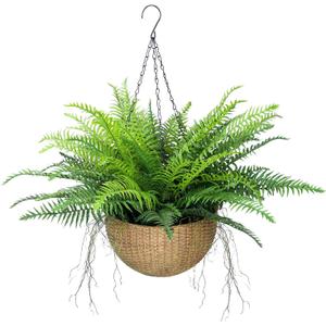 1 Set Artificial Fake Hanging Ferns with Planter, Real Touch Realistic UV Resistant Outdoor Faux Hanging Plants, Fake Plants for Front Porch Patio Garden Home Dcor