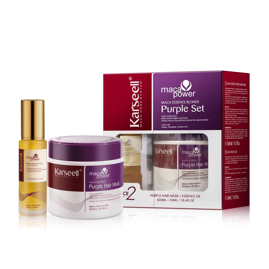 Karseell Purple Hair Mask and Argan Oil Set for Blonde, Silver and Gray Hair, Brass Toning Deep Conditioner for Color-Treated, Bleached or Highlighted Hair, 16.9 oz and 1.69 oz