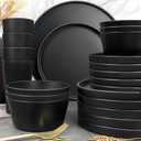 Teivio 24-Piece Kitchen Plastic Coupe Wheat Straw Dinnerware Set, Service for 6, Dinner Plates, Dessert Plate, Cereal Bowls, Cups, Unbreakable Unique Plastic Outdoor Camping Dishes, Black