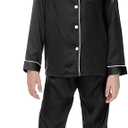 Veseacky Satin Pajama Sets for Girls Silk Button Down PJ Set Silk Sleepwear Birthday Pajamas Gift (Black,Size 10)