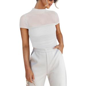 REORIA Women's Sexy Mock Turtle Neck Short Sleeve Shirts Sheer Mesh Ruched Trendy Going Out Bodysuits Tops (White) S
