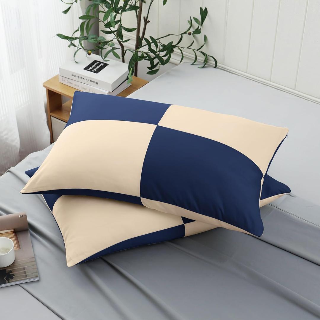 Two-Tone Pillow Cases Standard Size, 600 TC 100% Cotton Color-Block Pillowcases Set of 2, Breathable Soft Contrast Color Pillow Covers (Beige&Navy Blue)