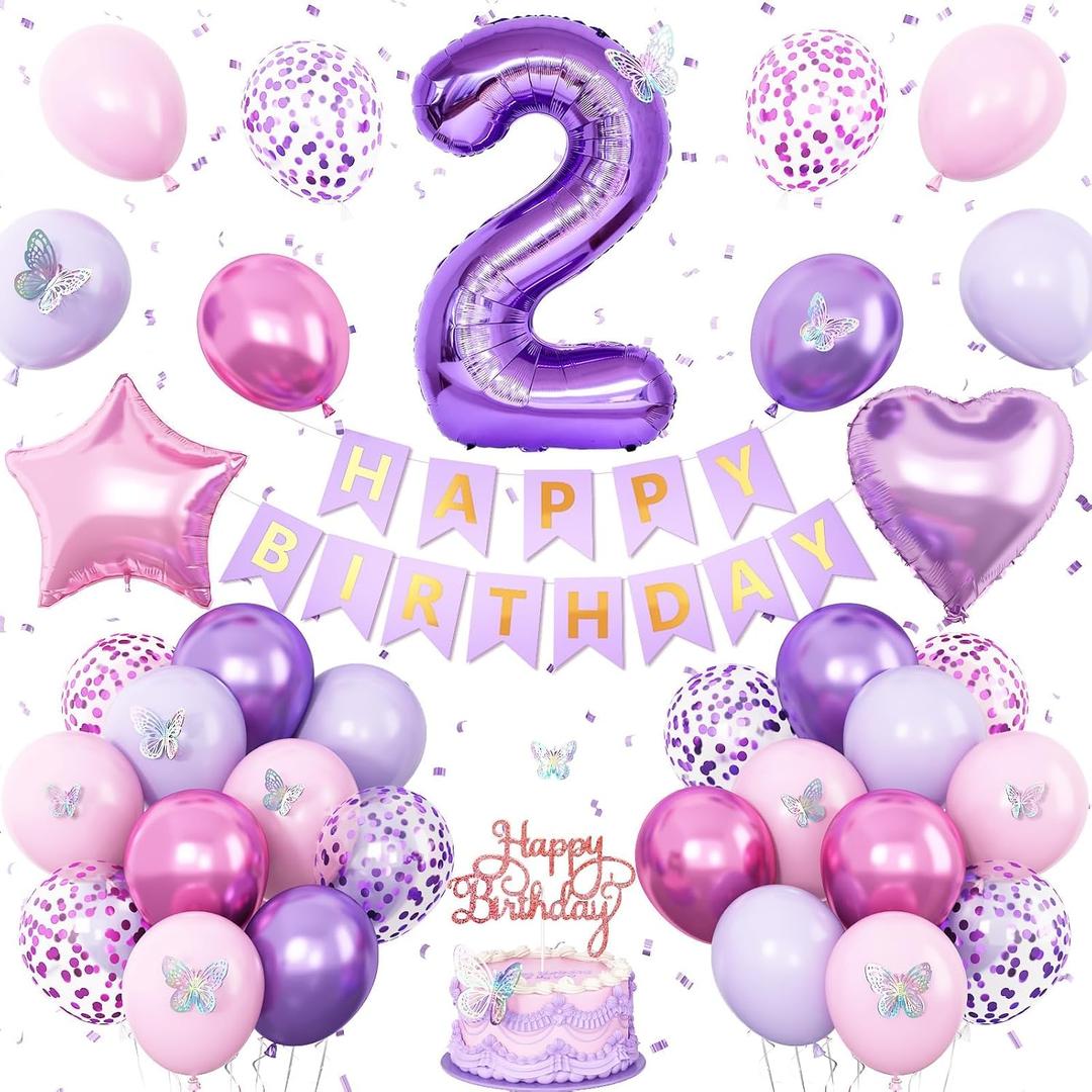 2nd Birthday Decoration for Girls,Pink Purple 2nd Balloon Number 2 Balloon with Butterfly Stickers Star Heart Foil Balloons Happy Birthday Banner for Baby 2 Year Old Party Decor