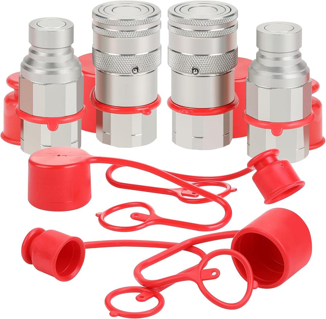 2PCS 1/2 NPT Flat Face Hydraulic Couplers, Bobcat Skid Steer Quick Connect Fittings with 4PCS Dust Covers