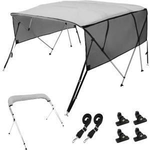VEVOR 4 Bow Bimini Top Boat Cover, Detachable Mesh Sidewalls, 600D Polyester Canopy with 1" Aluminum Alloy Frame, Includes Storage Boot, 2 Support Poles, 2 Straps, 8'L x 54" H x 91"-96" W, Light Grey
