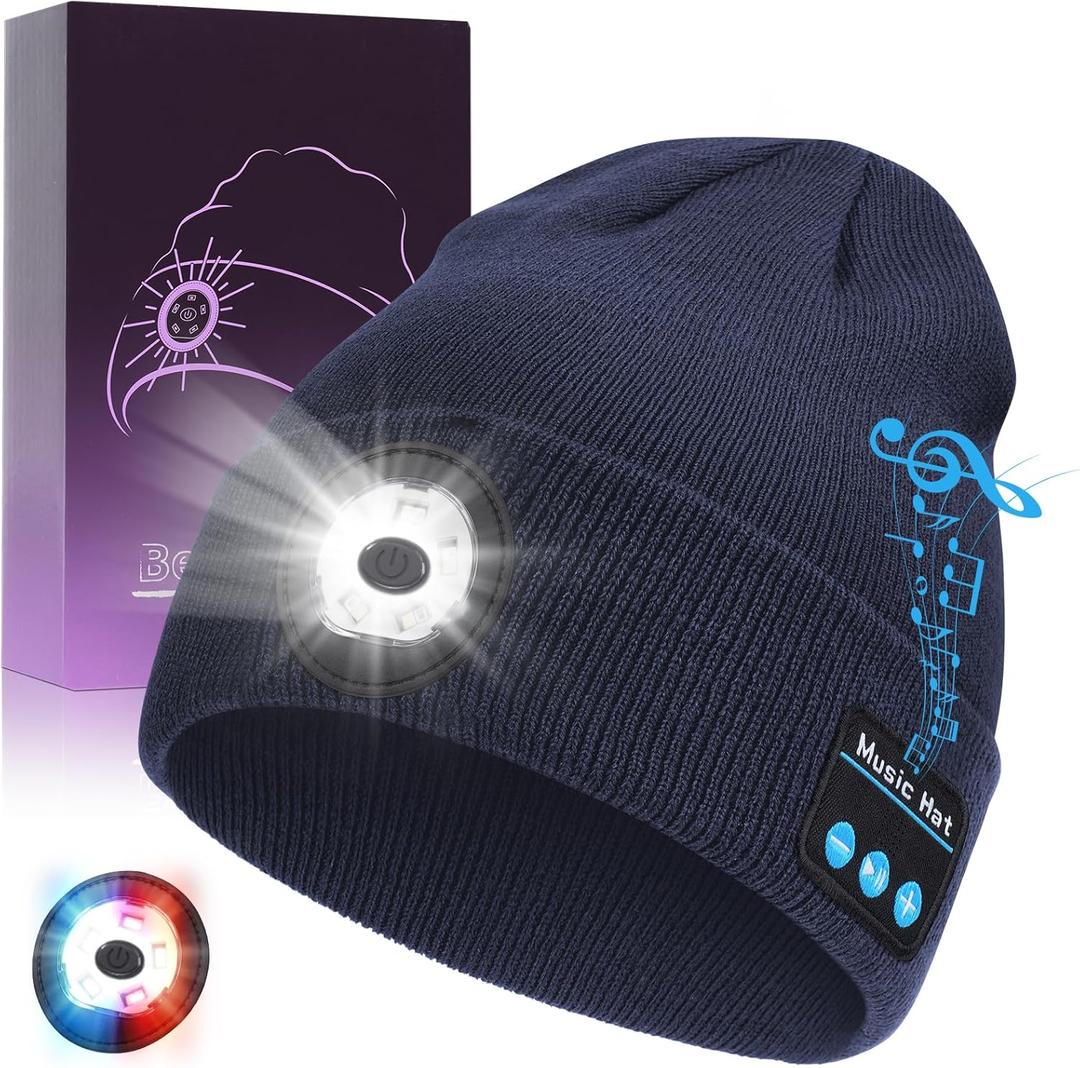 Bluetooth Beanie with Light, USB-C Charging 5 LED Flashlight Hat, Built-in Stereo Speakers Mic, Christmas Stocking Stuffers White Elephant Gifts for Men Dad Teens Boys for Camping Fishing