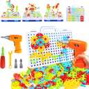 HAPTIME Design and Drill Toy,Educational Toys Building for Kids Ages 3-8,STEM Toys for 3 4 5 6 Year Old,193 Pcs Electric Drill Toy,Magic Montessori Play Toolbox for Toddler Boys Girls Preschool