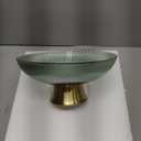 Round Glass Decorative BowlGreen, 9.8 Inches Handblown Striped Design Fruit Bowl with Rust-Resistant Metal Base for Home Decor, Table Centerpiece, Kitchen Island and Dining Decor