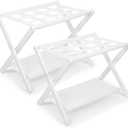 VASMIA Luggage Rack,Bamboo Suitcase Stand with Storage Shelf,Set of 2,Folding Luggage Stand for Guest Room,Hotel,Bedroom,Heavy-Duty, Holds up to 131 lb, White,VLR03W02
