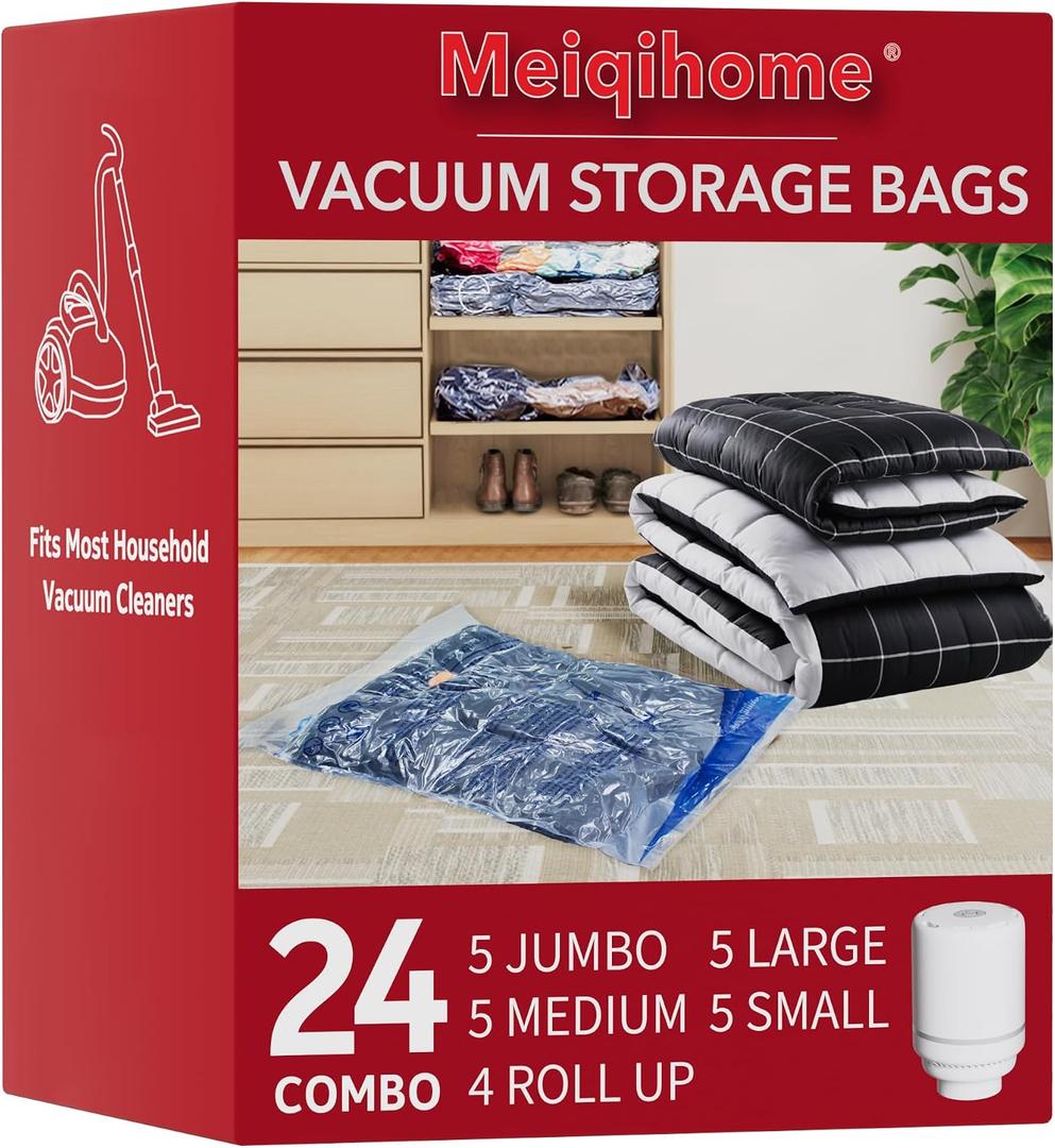 Vacuum Seal Bags for Clothing Travel & Home Storage, travel vacuum bags with pump, Store Blankets, Comforters, Pillows, Seasonal Clothes Compactly,24 Pack With Electric Pump