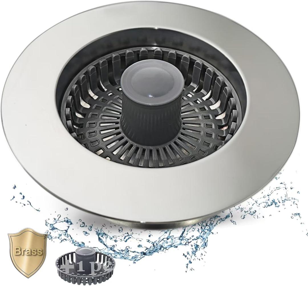 Kitchen Sink Drain Strainer,3 in 1 Pop Up Kitchen Sink Stopper,Made of Brass Material,with an Extra Basket Strainer,Sink Bounce Core Drain Strainer,Universal for US Standard 3-1/2 Inch,Silver