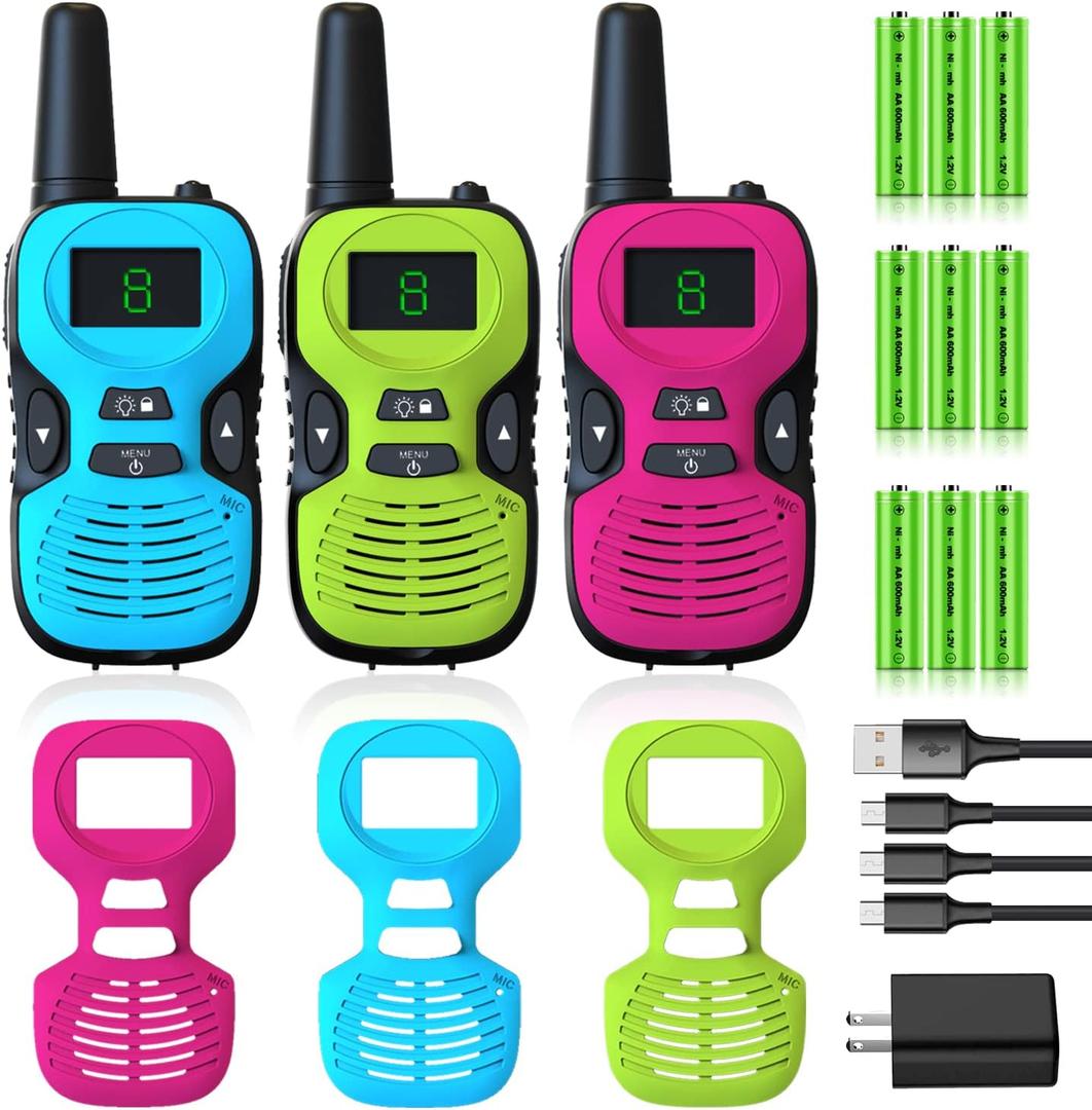 Walkie Talkies for Kids Rechargeable 3 Pack - Long Range Kid Walkie Talkie for Camping Hiking Outdoor - Walkie-Talkies Walky Talky for Kids - Toys and Gifts for 3-12 Year Old Boys Girls (with battery red blue green)