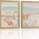 Framed Vintage Beach Canvas Wall Art 2Pcs Coastal Home Decor 24x16 Inch