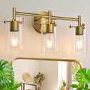 Bathroom Light Fixtures, 3-Light Brass Vanity Light, Black Bathroom Lights Over Mirror with Clear Glass Shade, Wall Sconces for Mirror Bedroom Living Room Hallway