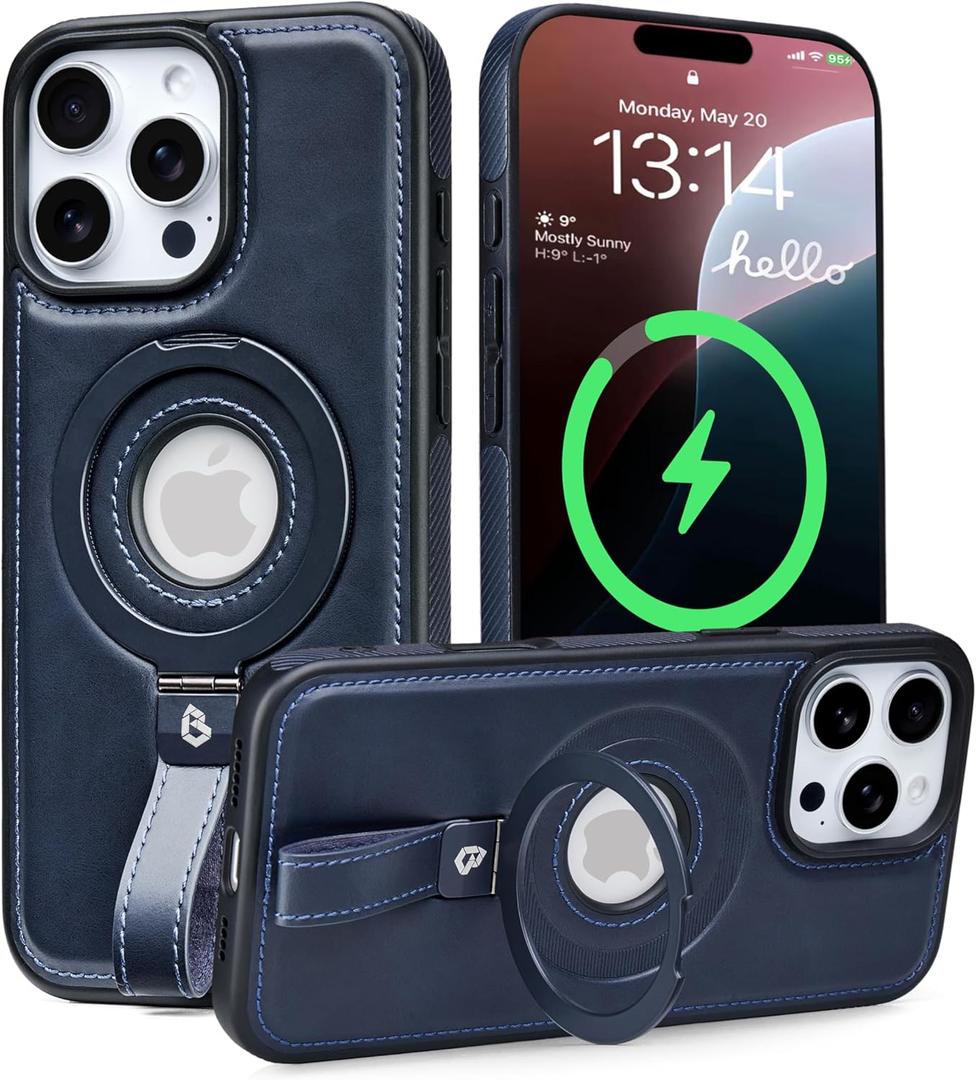 Butaiga for iPhone 16 Pro Leather Case with Stand, Anti-Slip Grip Ring, Fits for MagSafe (Blue, iPhone 16 Pro)