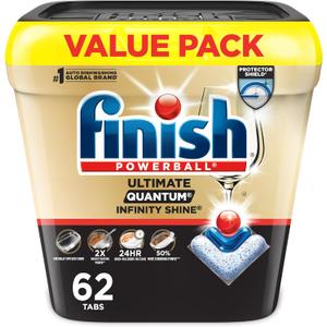 Finish Ultimate Quantum Infinity Shine Dishwasher Pods, New & Improved Formula, Dishwasher Detergent Dish Soap, Removes Burnt-On & Dried-On Stain, Degreasing, Scrubbing, & Shining Power, 62 Count