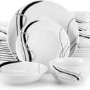 VEWEET Porcelain Dinnerware Sets for 6, 24 Pieces Plates and Bowls Set with Black and Grey Ribbon Lines, Dishes Set Dining Ware for Dinner, Microwave and Dishwasher Safe, Series FIONA