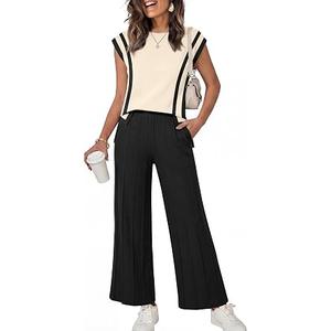ANRABESS Two Piece Sets for Women Lounge Airport Fall Outfits, Large, Apricot-black