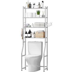 Over The Toilet Storage Cabinet, Metal 4 Tier Bathroom Shelves Over Toilet, Bathroom Oragnizer with 4 Hooks and Paper Holder, Chrome,11.5"D x 22.75"W x 70"H