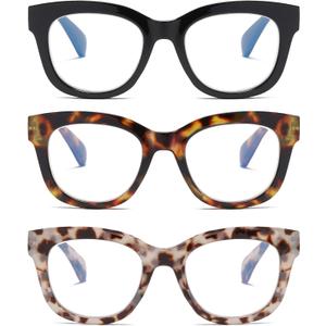 3 Pack Oversized Blue Light Blocking Reading Glasses for Women, Retro Style Readers with Spring Hinge +1.00 (Black&leopard&grey Leopard)