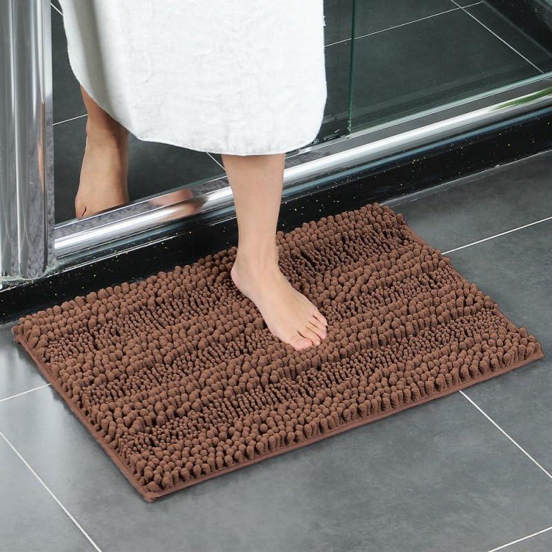 LINGXIYA Fluffy Microfiber Chenille Bath Rug, Extra Soft Absorbent Bath Rugs, Bathroom Rug, Non Slip Bath Rug Mats, Washable Dry Fast Plush Rugs for Tub and Shower (Brown,50 * 80cm)
