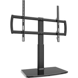 Universal Tabletop TV Stand with Wall Mount for 32 to 70 inch 4 Level Height Adjustable, Heavy Duty Tempered Glass Base, Holds up to 110lbs Screens, HT03B002