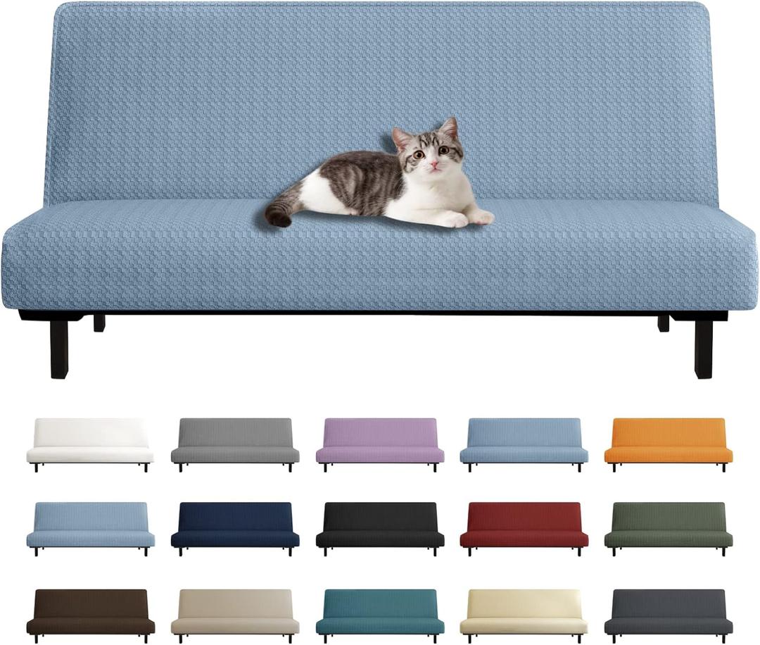 YEMYHOM Futon Cover Latest Jacquard Design High Stretch Armless Sofa Bed Slipcover Anti-Slip Furniture Protector with Elastic Bottom (Futon, Light Blue)