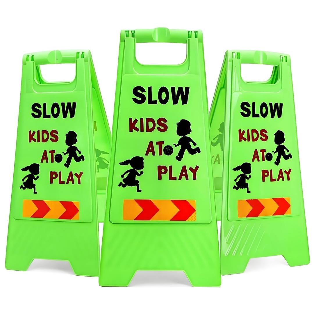 ZAVOOS 3 Pack Kids Playing Signs for Street, Reflective Slow Down Alert Sign with Double Sided Text Graphics, Highly Visible Children Safety Warning Signs for Neighborhoods, Yards, Driveways
