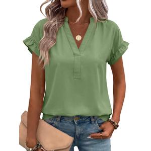 Tankaneo Short Sleeve Shirts V Neck Dressy Casual Top Summer Cotton Blouses (Green, M)