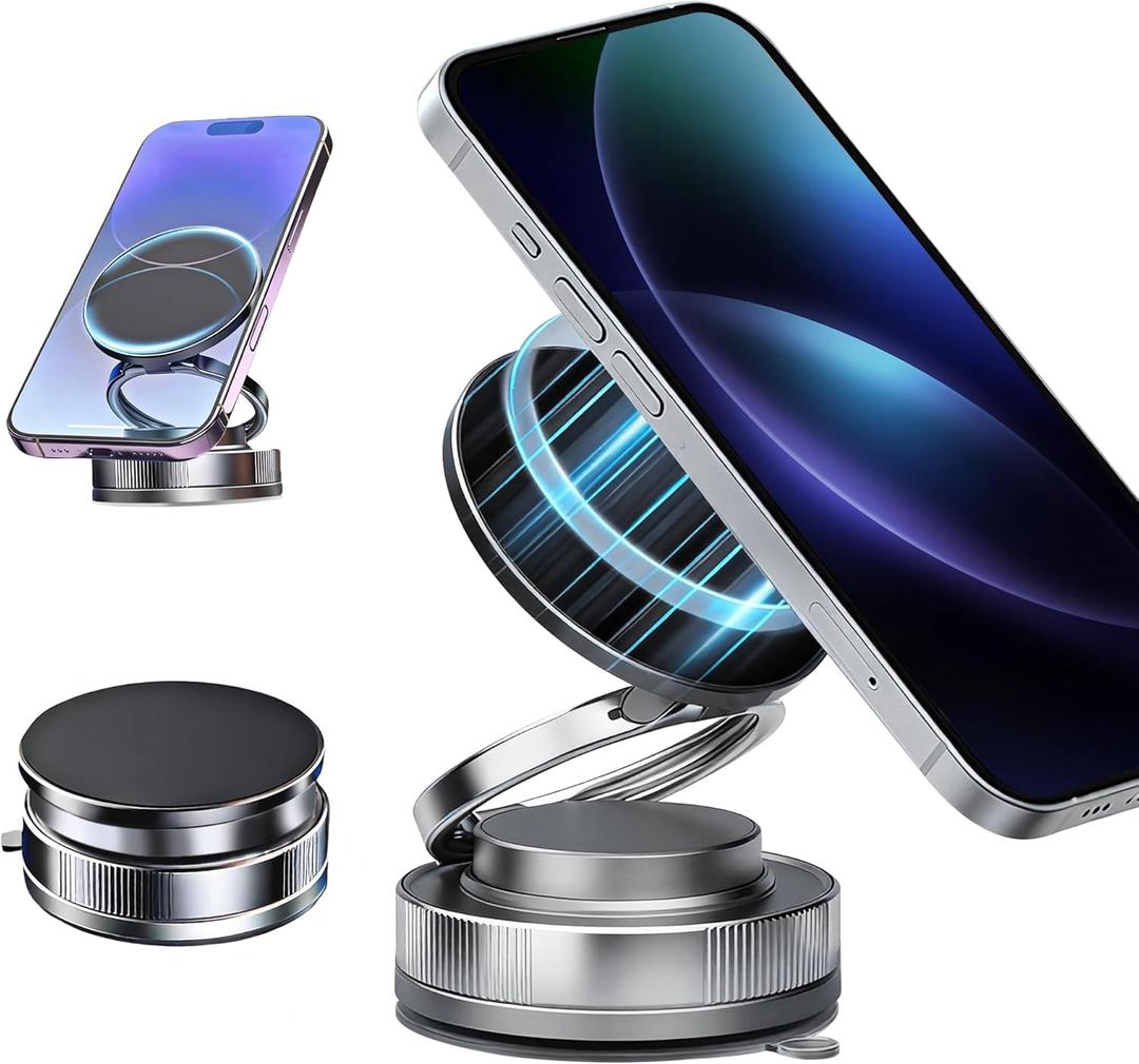 2026 Upgraded Magnetic Car Phone Holder for Magsafe: 360 Rotatable Adjustable Vacuum Car Phone Mount with 180+LBS Suction & 3800gf Magnet, Universal for Car/Gym/Mirror, Fits iPhone & Android (E. T28-Black Base)