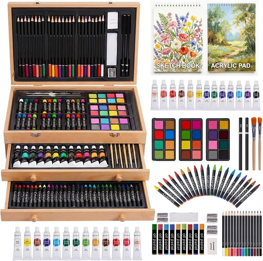 175-Pack Deluxe Wooden Art Set Drawing Painting Kit with 2 Drawing Pads, Acrylic Paints, Colored Pencils, Crayons, Paint Brush, Art Kit in Wooden Case, Gift for Artist, Adults, Teens and Kids