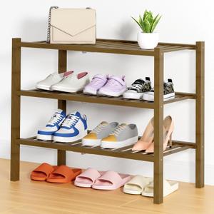 Smiry Bamboo Shoe Rack, 3 Tier Free Standing Wooden Shoe Organizer, Stackable Wood Shoe Storage Shelf for Closet, Entryway, 14 Vertical Slats, 2+1 Stack Heavy-Duty Legs, 26.8"x11"x19.5", Walnut