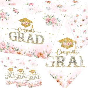 2026 Graduation Decorations,3pcs Floral Graduation Decorations Congrats Grad Tablecloth Rectangle Flower Plastic Graduation Tablecloth for Girl Pastel Floral Grad Party Decorations