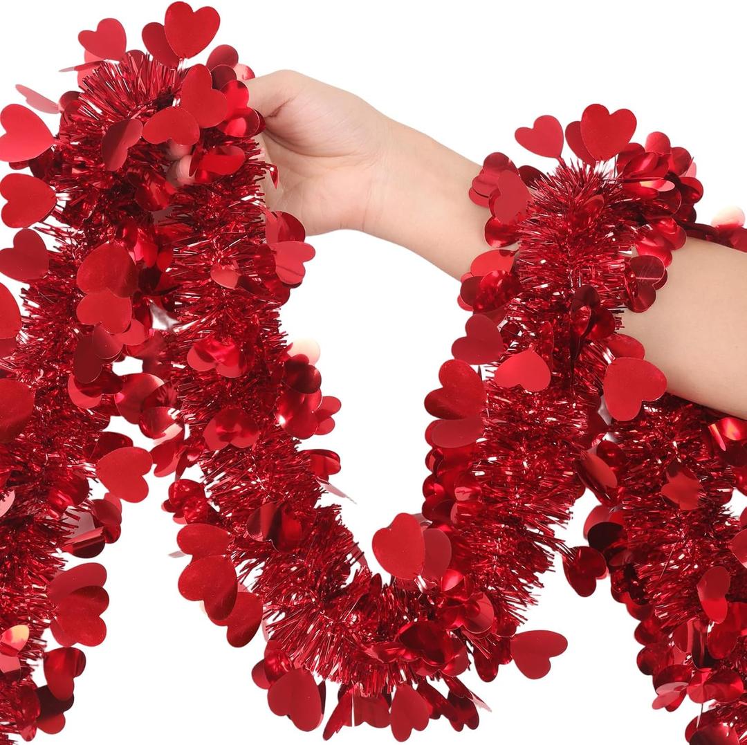 Valentines Day Red Garland Decorations,50Ft Glitter Tinsel Heart Garlands Decor for Tree Mantle Bedroom Office Classroom Party Indoor Outdoor Holiday Home