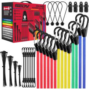 Heavy Duty Bungee Cords with Hooks 129 PCS, 18", 20", 32", 40" Outdoor Rubber Elastic Rope, 4 Canopy Tarps Clips, Small Bungees Rope with Ball, 100 Zip Ties, Mini Cords Carabiner Hook, Storage Bag