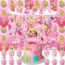 42pcs Princess Peach Birthday Party Supplies Pack IncludesBannerCake TopperBlackdrop,Balloons for Princess Peach party supplies