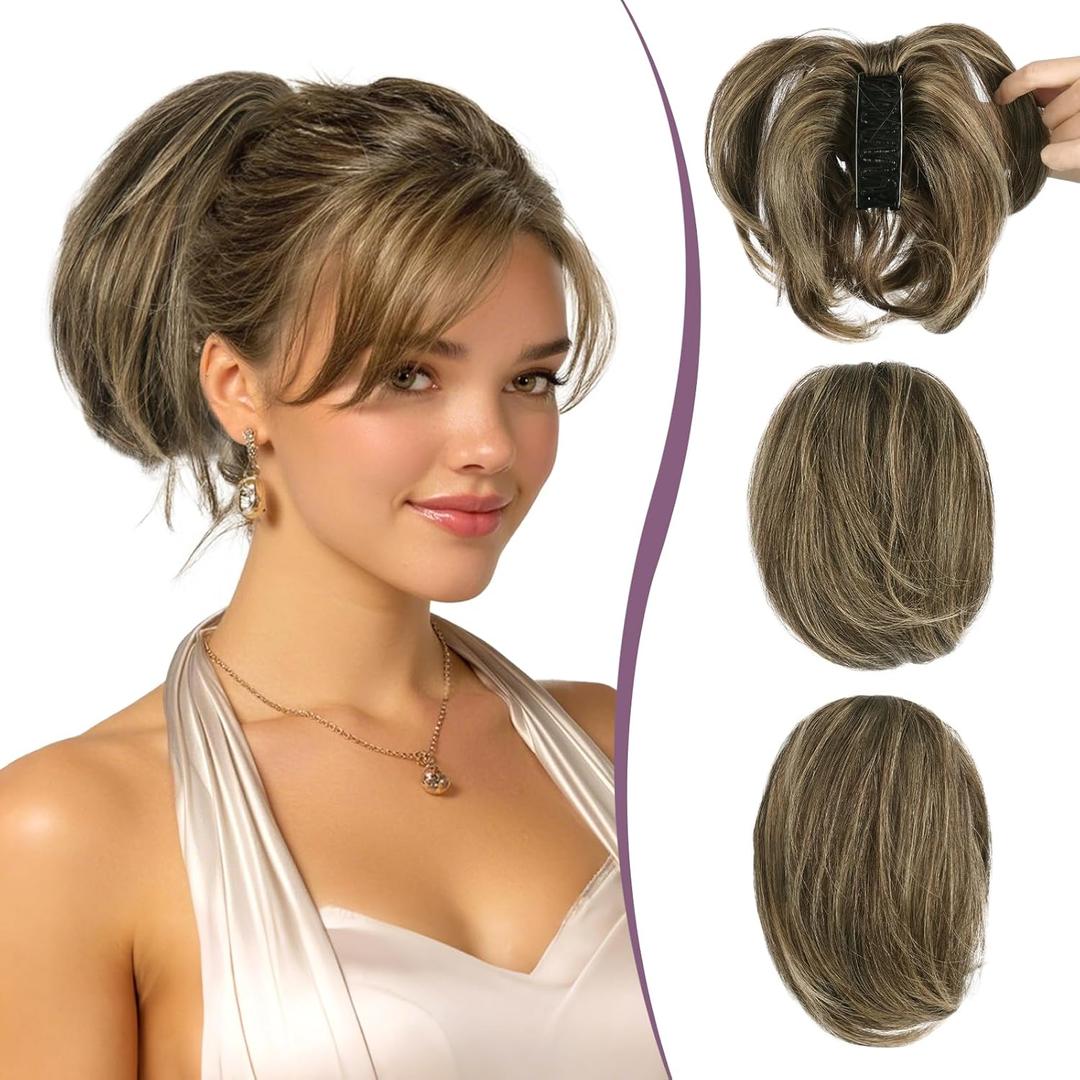 RUWISS Claw Clip Short Human Hair Ponytail Extension with Bendable Metals for DIY Styles Straight Messy Bun Hair Piece for Women Hairpieces for Daily Wear, 9 Inch Dark Brown with Blonde Highlight