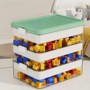3-Tier Storage Box of Bricks for Lego, PP+ABS Stackable Organizer 14.17"9.84"12.01" with Lids, Green (XXXL)