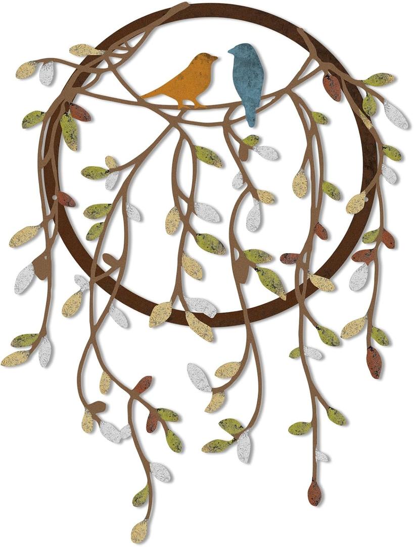 Ferraycle Metal Wall Art Bird on Tree Branch Silhouette with Drooping Vines Bird Art Decor Rustic Metal Spring Decor for Living Room Outdoor Garden Porch Wall Housewarming Party Gift(Classic Color)
