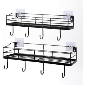 Lyeasw Black Floating Shelves Wall Mounted with 8 Removable Hanging Hooks, 15-Inch Adhesive Shower Shelf Organizer for Bathroom Kitchen Storage Rack, Set of 2