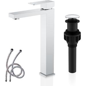 KENES Chrome Bowl Vessel Sink Facuet Single Handle Tall Bathroom Sink Faucet Bathroom Vanity Faucet Basin Mixer Tap with Water Supply Lines and Pop Up Sink Drain, LJ-9031A-5