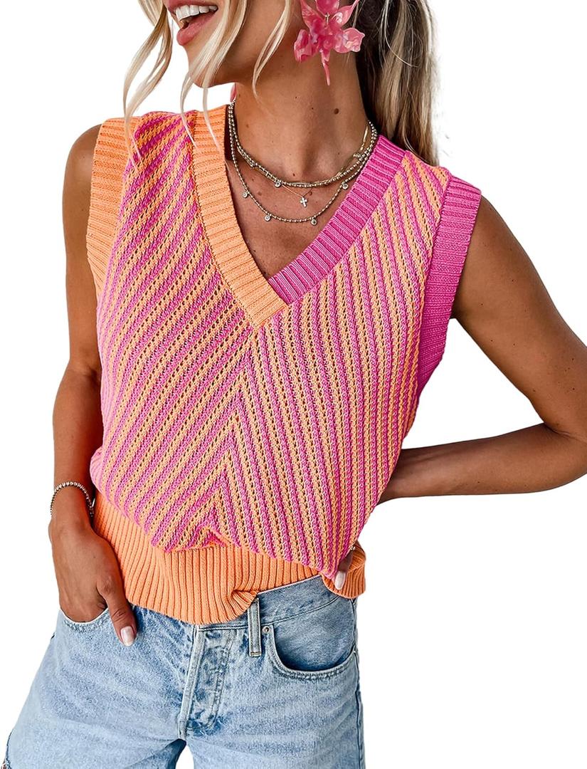 MARZXIN Women Sleeveless Sweater V Neck Casual 2026 Fall Knitted Chevron V Neck Sweater Vest Color Block Pullover Sweater Top (Black, M)