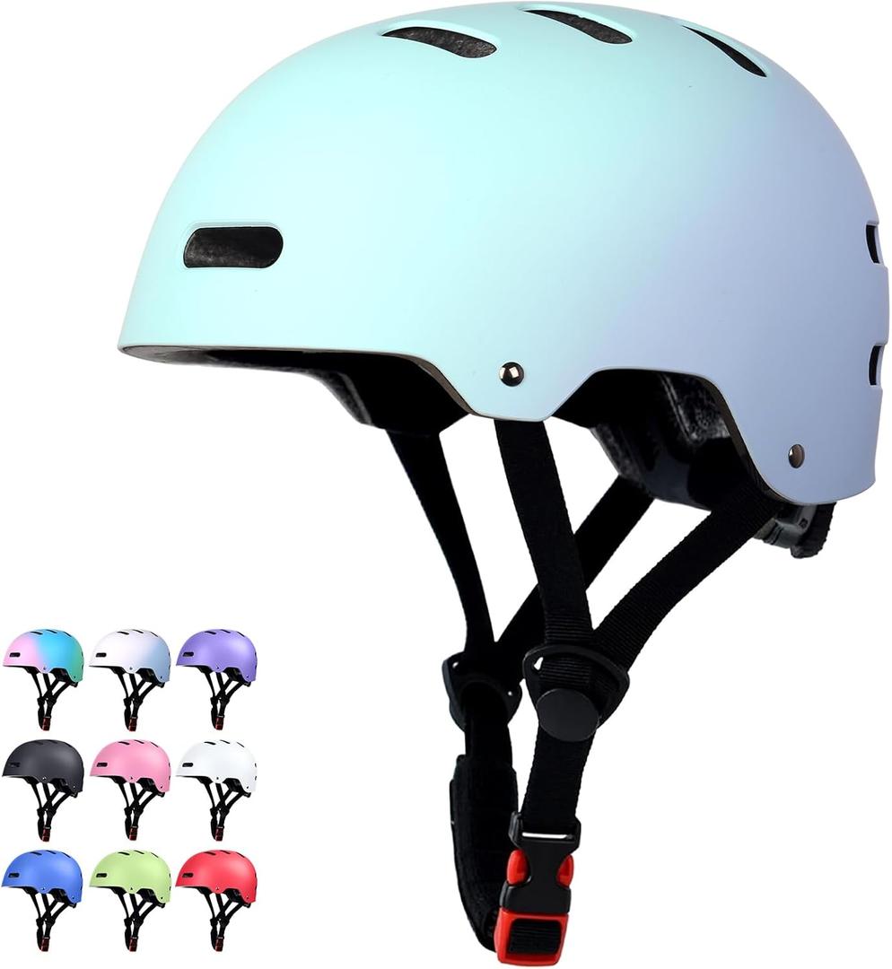 Skateboard Bike Helmet for Adults Women Men Youth Kids (2-3-5-8-14+ Years Boys Girls) - Lightweight Multi-Sport Adjustable Helmets for Bicycle Skateboard Scooter Skate Cycling (Gradient Cyan Blue)