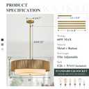 Kackae Boho Rattan Chandelier 24'' Gold Hand Woven Chandeliers with Fabric Shade 5-Light Drum Pendant Light Fixture for Dining Room Bedroom Kitchen Hallway Foyer