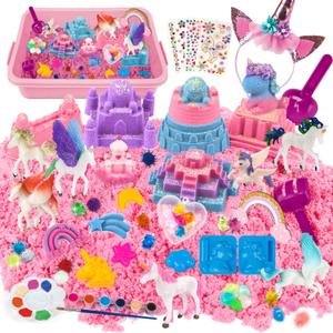 Hohosunlar Unicorn Sensory Bin Girl Kid Toy, 3 Colors Magic Play Sand Art Kit w/Sandbox, 13 Castle Unicorn Mold Kid Art Craft DIY Paint & Stickers, Birthday Gift for Girl Toddler Age 3-8