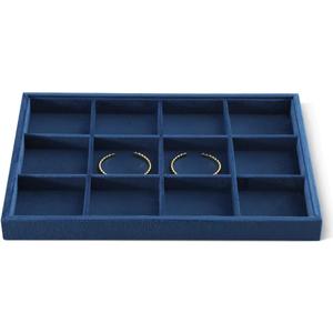 Velvet Stackable Jewelry Display Tray, 12 Grid Watch Bangle Bracelet Storage Tray, Makeup Drawer Insert Jewelry Shop Organizer Plate (Blue)
