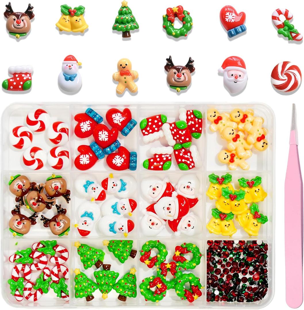 12 Grids Christmas Nail Art Charms 3D Resin Cute Santa Claus Elk Nail Charms Mix Shaped Bell Christmas Tree Snowman Nail Rhinestones Reindeer Wreath Nail Gems for Acrylic Nails Winter Nail Decorations (green)
