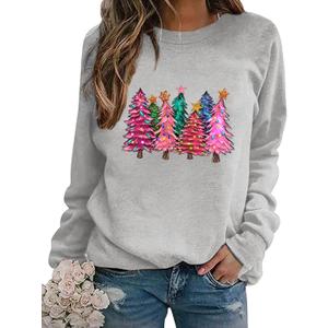 APRFLOWER Christmas Sweatshirts Women Colorful Christmas Tree Graphic Shirt Xmas Holiday Party Long Sleeve Pullover Blouse (Large, Grey)
